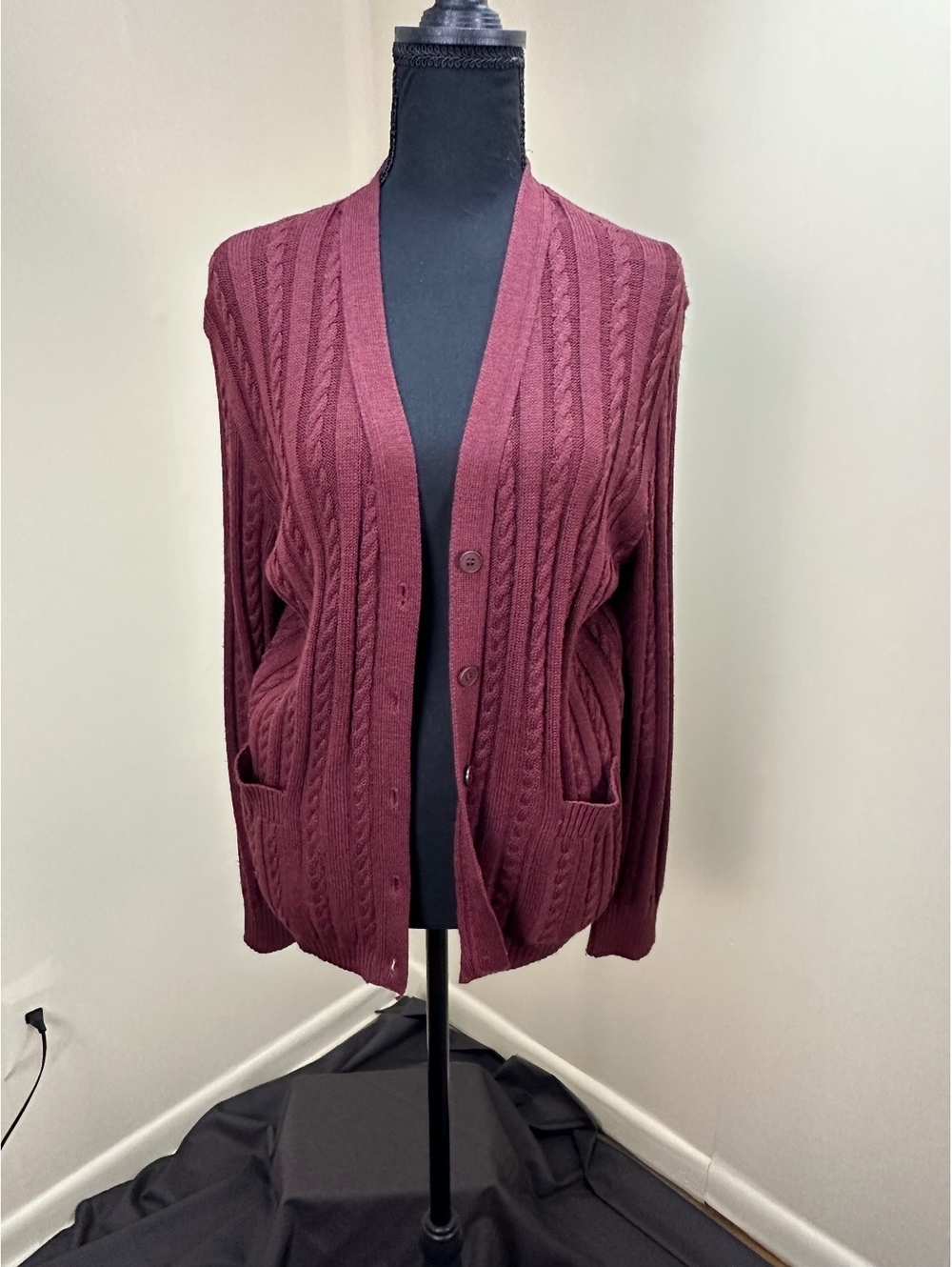 Vintage Rodier Paris Burgundy Wool Blend Cardigan V Neck Pockets France US L